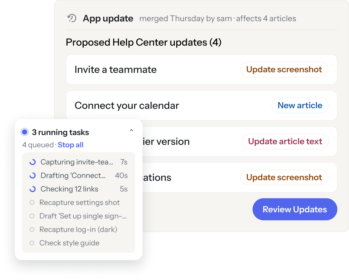 An App update card listing four proposed help center updates with a Review updates button, and the agent’s queue of running tasks overlapping it.