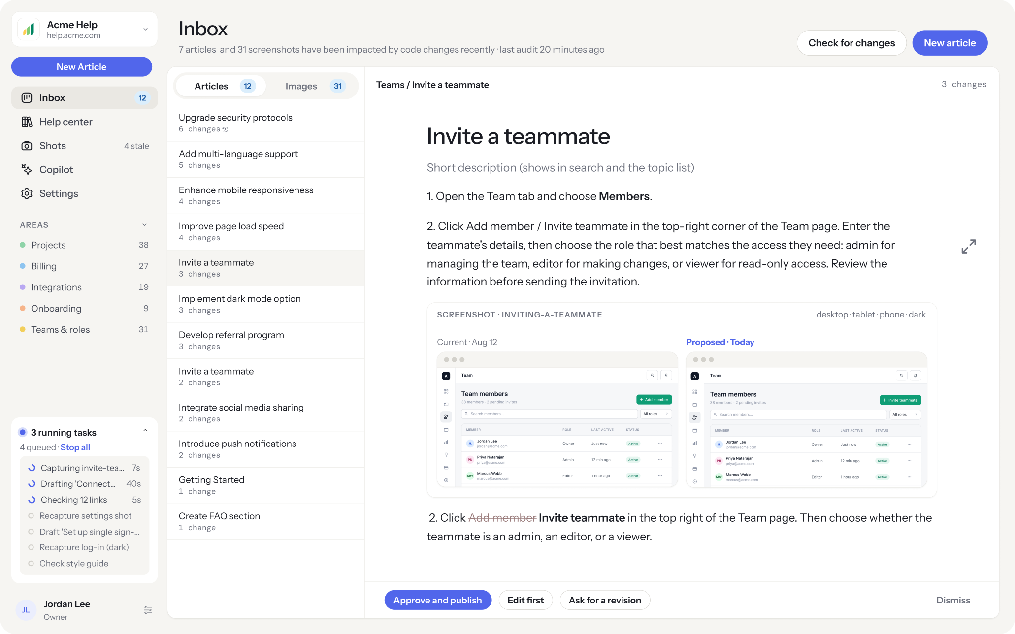 The Docmunk review board: an inbox of flagged articles on the left, and the Invite a teammate article on the right with a current-versus-proposed screenshot and a rewritten step.