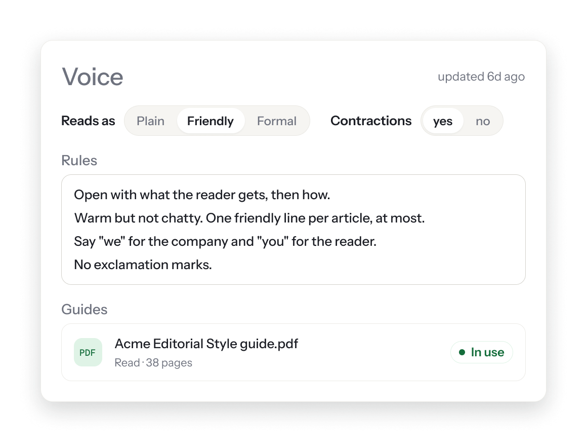 Voice settings: Reads as Friendly, Contractions yes, four writing rules, and an uploaded style guide marked In use.