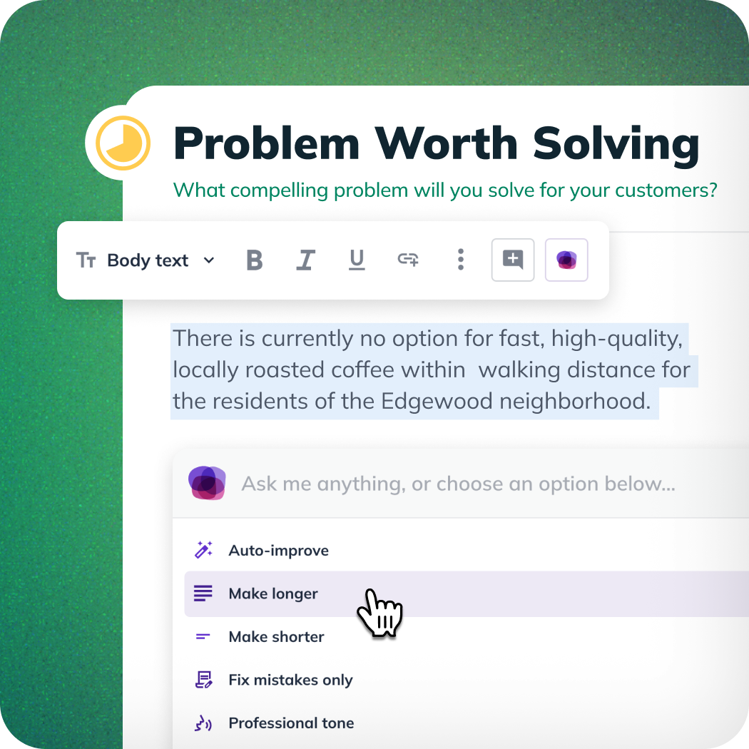 LivePlan editor guiding you through the Problem Worth Solving section