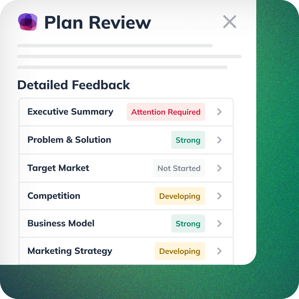 LivePlan plan review with detailed feedback for each plan section