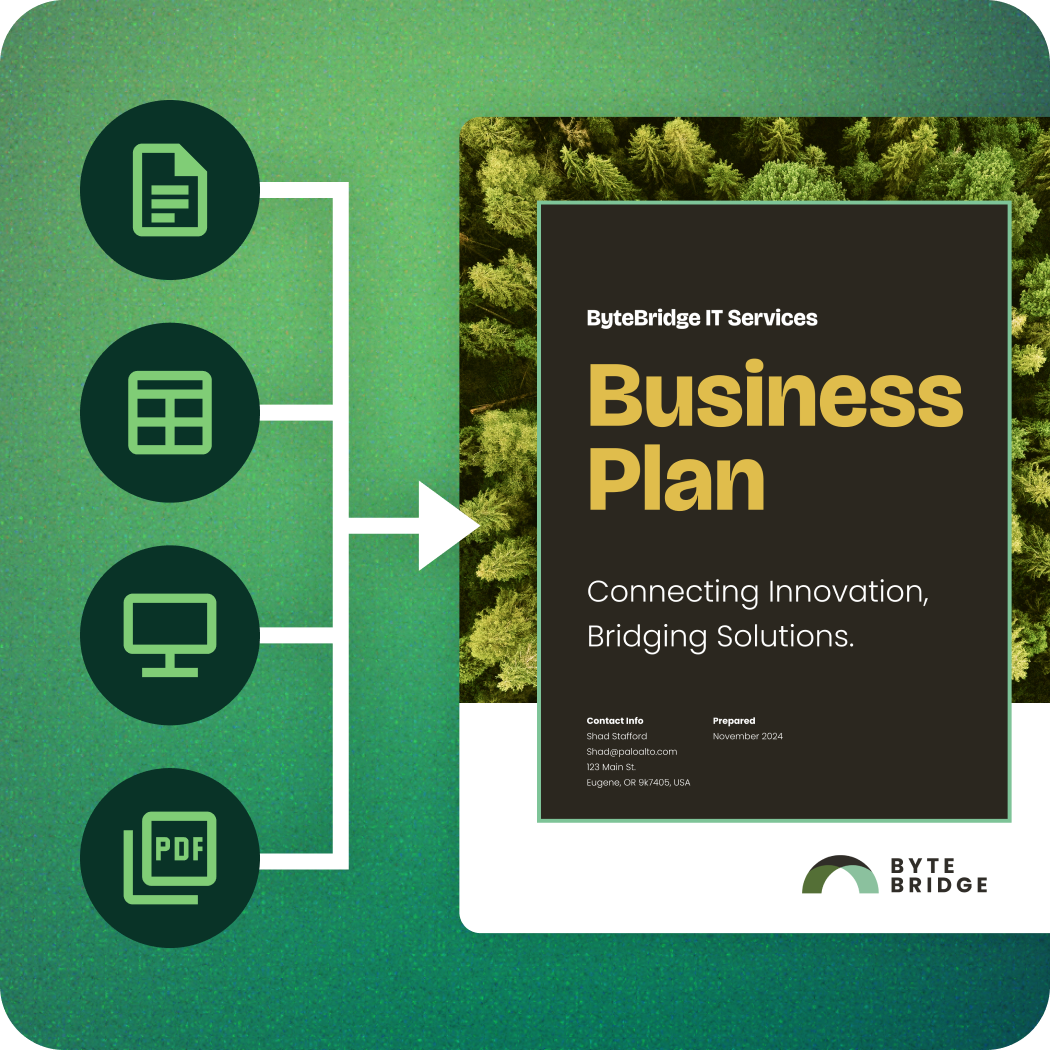 Reference files flowing into a finished business plan in LivePlan